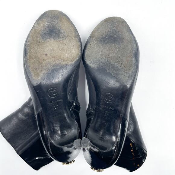 Chanel CC Logo Boots Black Patent Leather Cap Toe Heeled Ankle Sz 37 / 7 - Picture 10 of 11